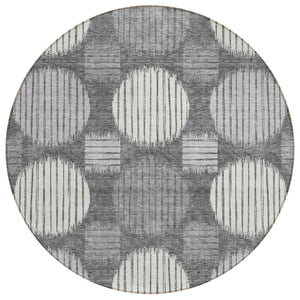 HomeRoots 5' Modern Charcoal and Ivory Geometric Washable Area Rug for Indoor and Outdoor Spaces, Durable Design 8' Round 593578