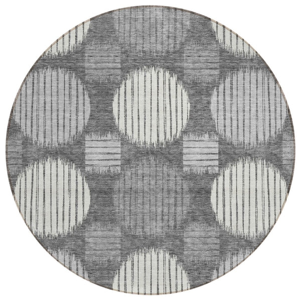 HomeRoots 5' Modern Charcoal and Ivory Geometric Washable Area Rug for Indoor and Outdoor Spaces, Durable Design 8' Round 593578