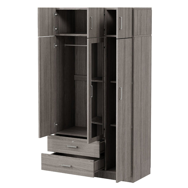 English Elm 3-door Mirrored Wardrobe with Full Length Dressing Mirror Drawers and Top Cabinet Gray LP006005AAE