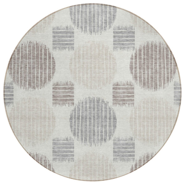 HomeRoots 5' Stylish Ivory Brown and Gray Geometric Area Rug - Durable, Washable, Perfect for Indoor/Outdoor Use 8' Round 593602