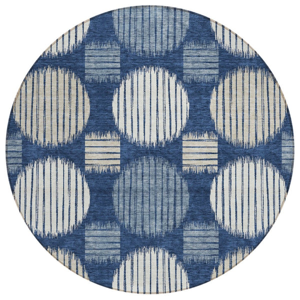 HomeRoots 5' Navy Blue and Ivory Geometric Area Rug - Stylish, Washable, Indoor/Outdoor for High Traffic Spaces 8' Round 593608