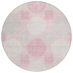 HomeRoots 5' Modern Geometric Area Rug in Pink, Gray & Ivory - Washable, Durable for Indoor & Outdoor Use 8' Round 593614