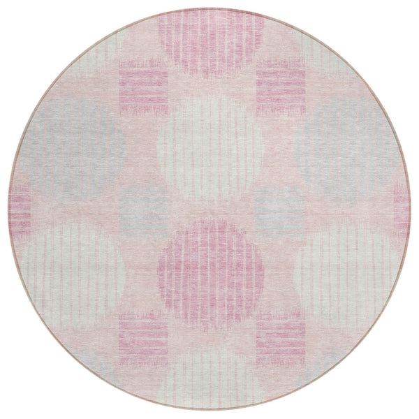 HomeRoots 5' Modern Geometric Area Rug in Pink, Gray & Ivory - Washable, Durable for Indoor & Outdoor Use 8' Round 593614
