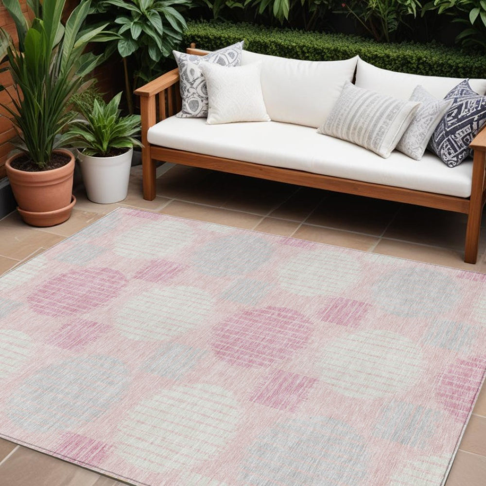 HomeRoots 5' Modern Geometric Area Rug in Pink, Gray & Ivory - Washable, Durable for Indoor & Outdoor Use 8' X 10' 593615