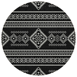 HomeRoots 5' Southwestern Washable Area Rug in Black and Ivory - Durable, Stylish, Perfect for Indoor/Outdoor Use 8' Round 593650