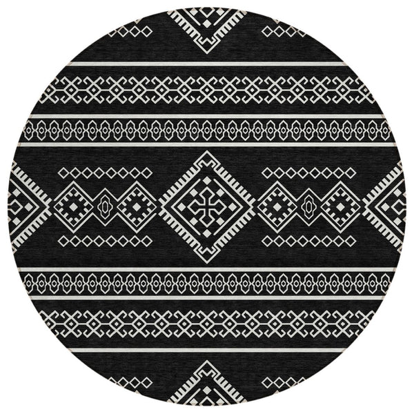 HomeRoots 5' Southwestern Washable Area Rug in Black and Ivory - Durable, Stylish, Perfect for Indoor/Outdoor Use 8' Round 593650