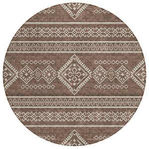 HomeRoots 5' Southwestern Washable Area Rug - Durable Brown & Ivory Design for Indoor/Outdoor Use, Easy Care 8' Round 593656