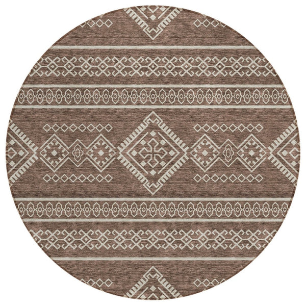 HomeRoots 5' Southwestern Washable Area Rug - Durable Brown & Ivory Design for Indoor/Outdoor Use, Easy Care 8' Round 593656