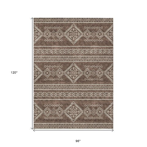 Homeroots 3' Stylish Beige & Brown Southwestern Washable Rug For Indoor And Outdoor Living Spaces Decor 8' X 10' Polyester 593657