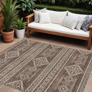 Homeroots 3' Stylish Beige & Brown Southwestern Washable Rug For Indoor And Outdoor Living Spaces Decor 8' X 10' Polyester 593657