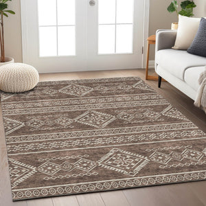 Homeroots 3' Stylish Beige & Brown Southwestern Washable Rug For Indoor And Outdoor Living Spaces Decor 8' X 10' Polyester 593657