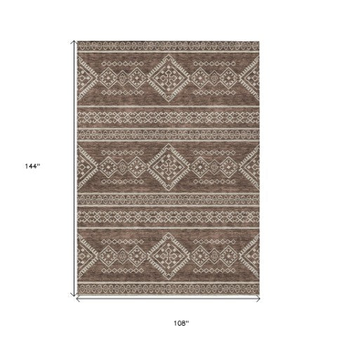 Homeroots 3' Stylish Beige & Brown Southwestern Washable Rug For Indoor And Outdoor Living Spaces Decor 9' X 12' Polyester 593658