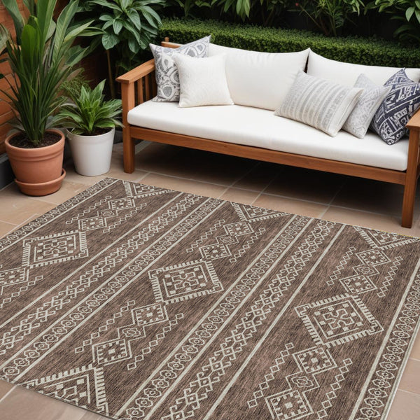 Homeroots 3' Stylish Beige & Brown Southwestern Washable Rug For Indoor And Outdoor Living Spaces Decor 9' X 12' Polyester 593658