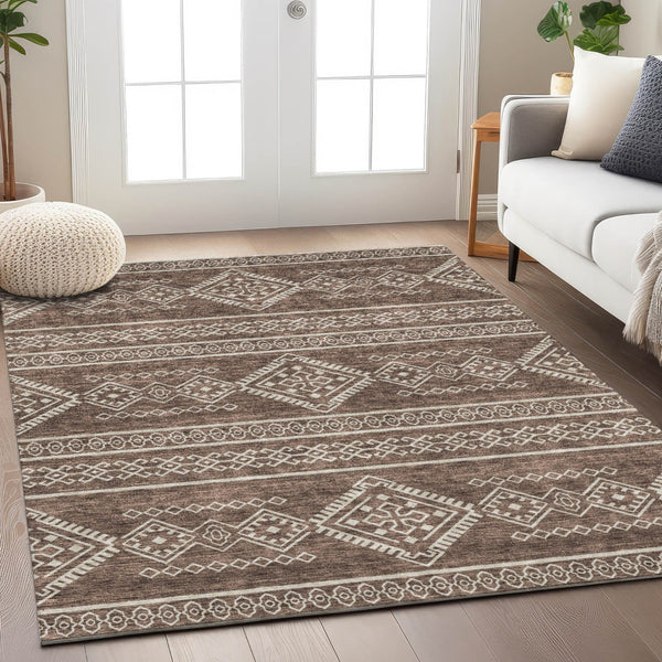 Homeroots 3' Stylish Beige & Brown Southwestern Washable Rug For Indoor And Outdoor Living Spaces Decor 9' X 12' Polyester 593658