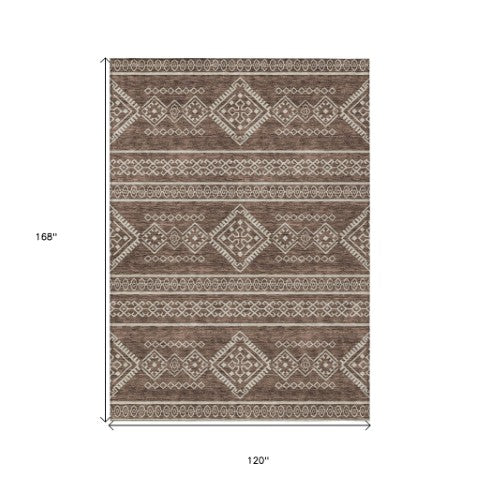 Homeroots 3' Stylish Beige & Brown Southwestern Washable Rug For Indoor And Outdoor Living Spaces Decor 10' X 14' Polyester 593659