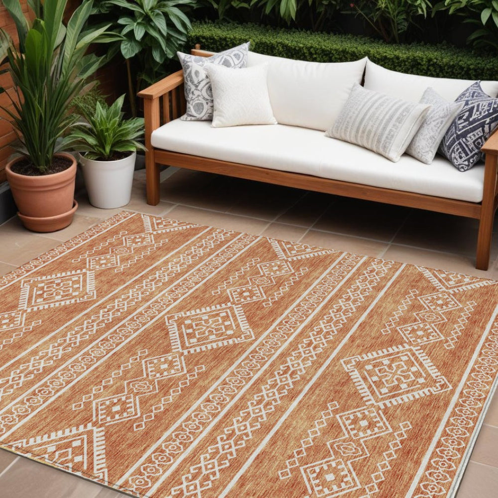 HomeRoots 5' Copper And Ivory Southwestern Area Rug - Stylish Indoor Outdoor Design, Durable & Washable 8' X 10' 593663