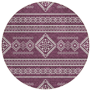 HomeRoots 5' Stylish Eggplant and Ivory Southwestern Area Rug - Durable, Washable, Perfect for Indoor & Outdoor Use 8' Round 593668