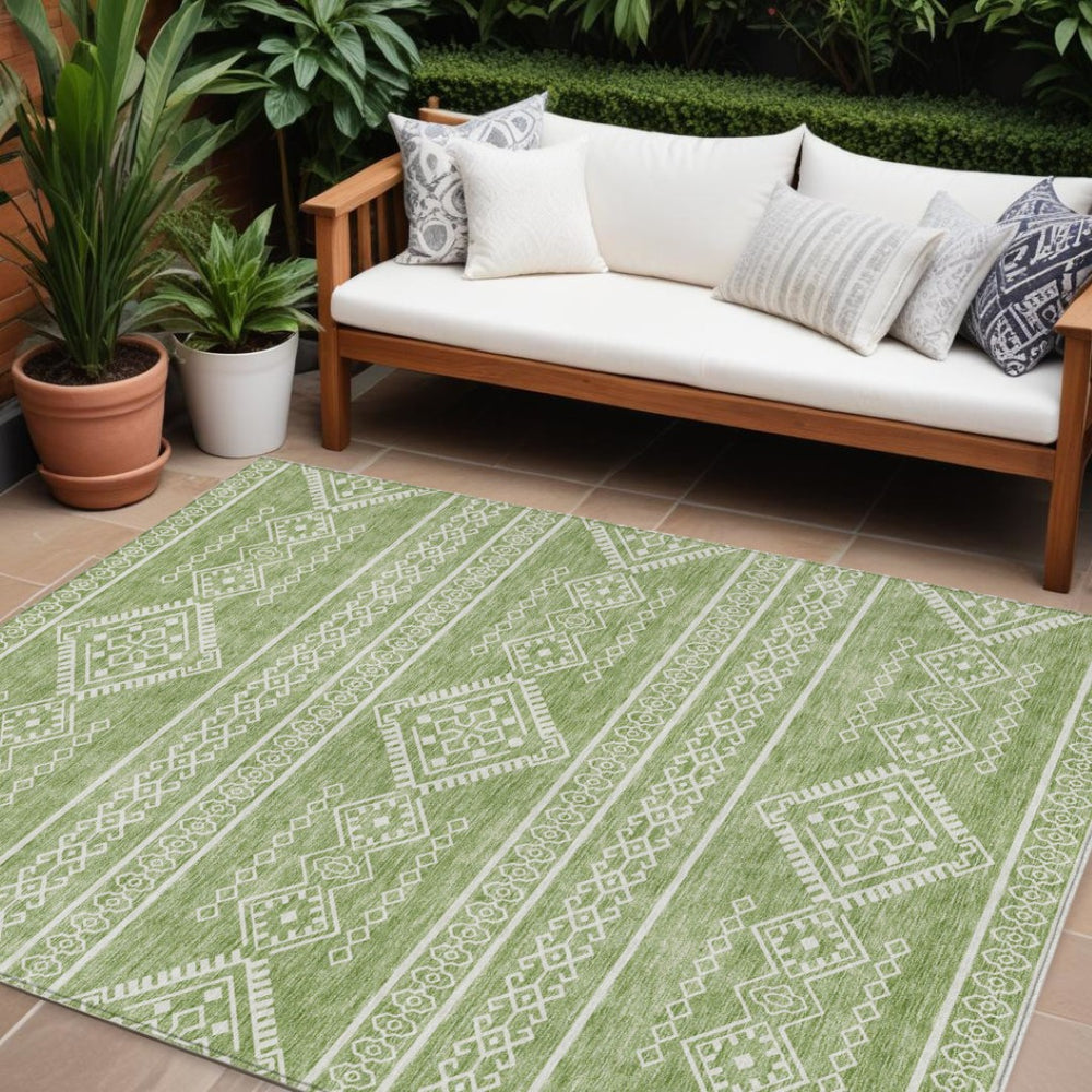 HomeRoots 9' Durable Southwestern Area Rug in Green and Ivory – Perfect for Indoor and Outdoor Spaces! 9' X 12' 593676