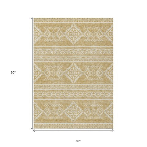 Homeroots 3' Stylish Beige & Brown Southwestern Washable Rug For Indoor And Outdoor Living Spaces Decor 5' X 8' Polyester 593679
