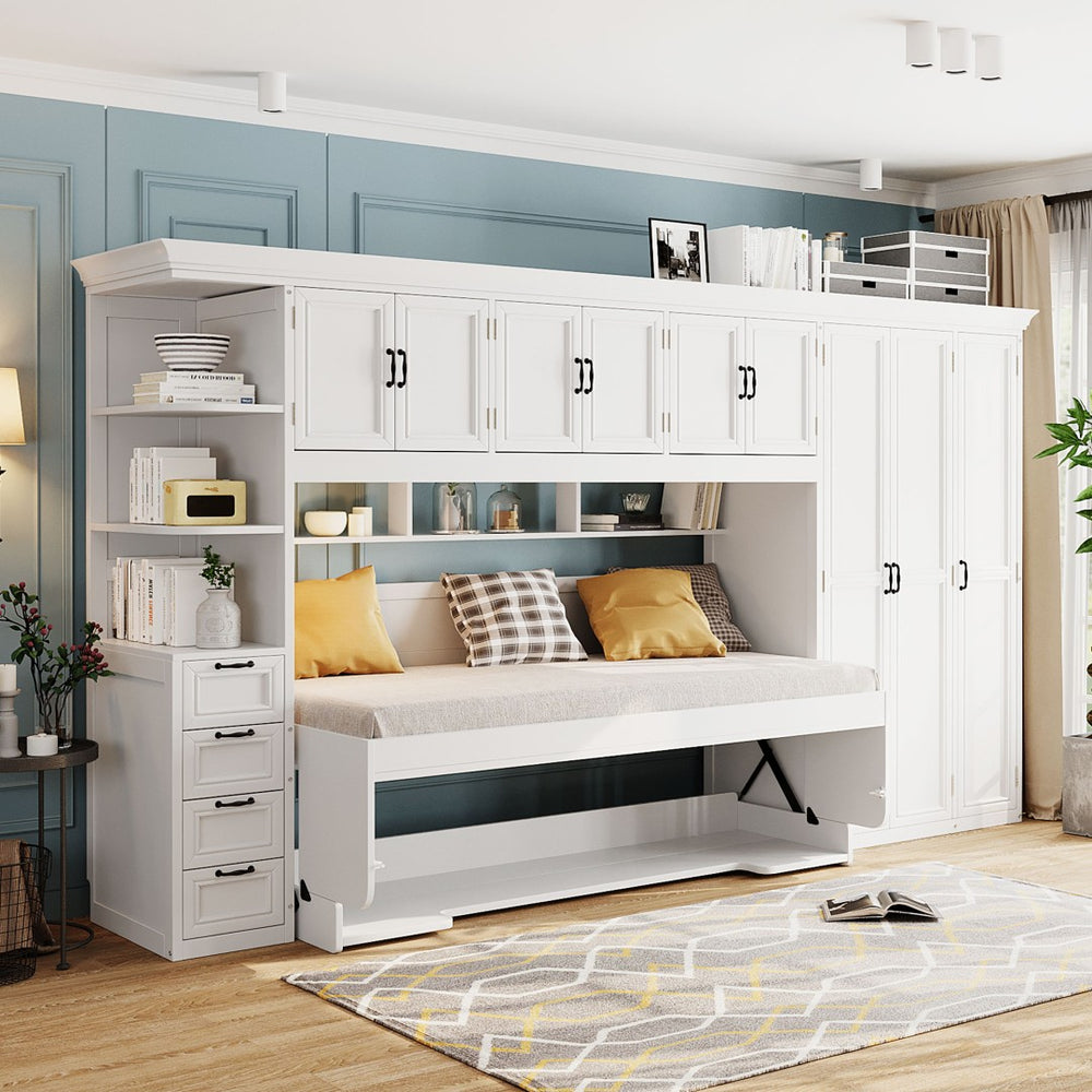 English Elm Twin Murphy Wall Bed with Integrated Desk Wardrobe and Storage Cabinet in White LP000767AAK
