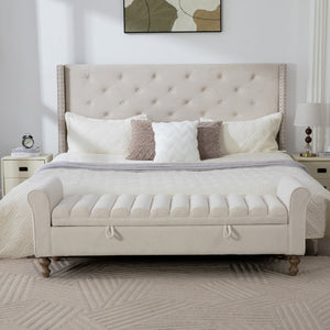 English Elm 65.55" Wide Upholstered Storage Bench Napped Fabric Rolled Arms Rubberwood Legs Entryway W3098P397304