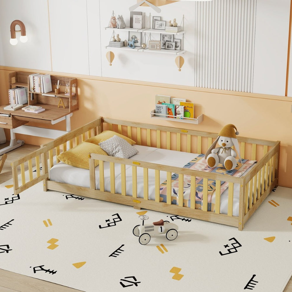 English Elm Twin Size Floor Bed With Safety Fence And Door – Eco-Friendly Rubber Wood, Low-Profile Design For Kids W504P286374-GIGA