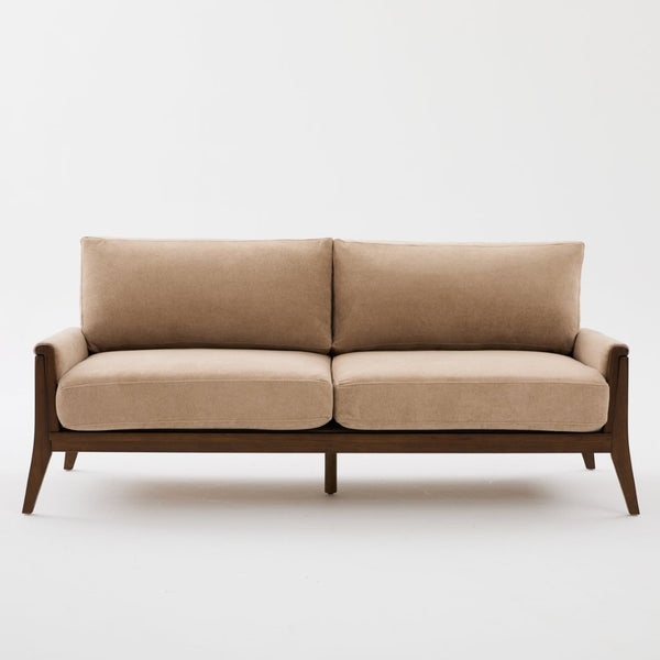 English Elm Mid-century Modern Boucle Upholstered Three Seat Sofa with Walnut Finish Wood Legs Camel N773P411407N