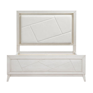 English Elm Antique White Oak Queen Bed Ivory Chenille Headboard Led Glow Geometric Modern B011S01615