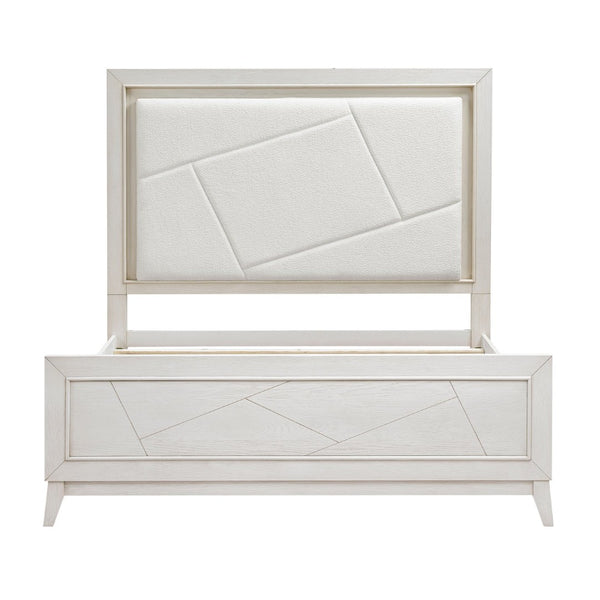 English Elm Antique White Oak Queen Bed Ivory Chenille Headboard Led Glow Geometric Modern B011S01615