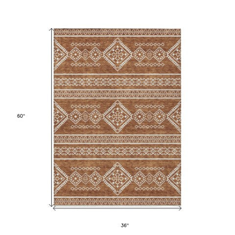 Homeroots 3' Stylish Beige & Brown Southwestern Washable Rug For Indoor And Outdoor Living Spaces Decor 3' X 5' Polyester 593708
