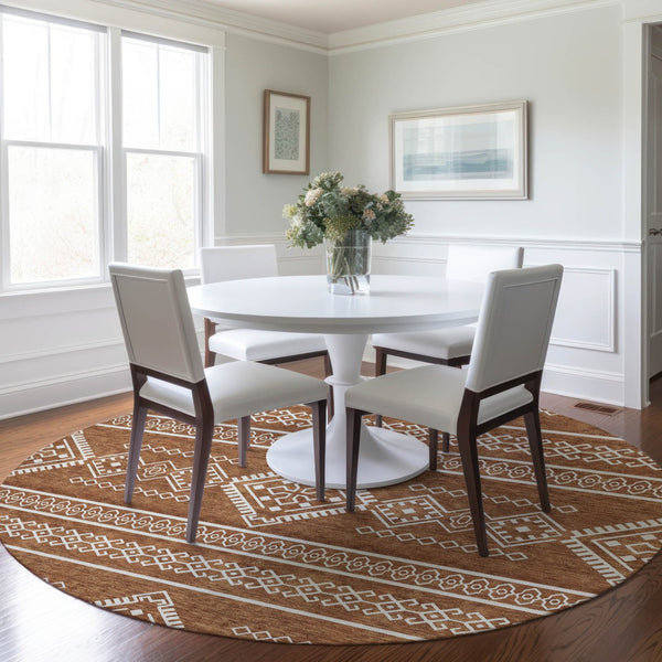 Homeroots 3' Stylish Beige & Brown Southwestern Washable Rug For Indoor And Outdoor Living Spaces Decor 8' Round Polyester 593710