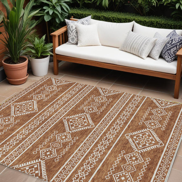 Homeroots 3' Stylish Beige & Brown Southwestern Washable Rug For Indoor And Outdoor Living Spaces Decor 10' X 14' Polyester 593713