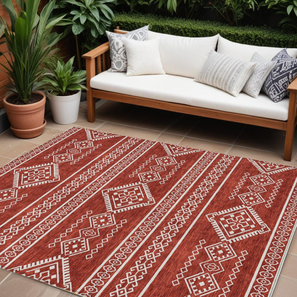 HomeRoots 5' Southwestern Area Rug in Red and Ivory - Durable, Washable, and Stylish for Indoor/Outdoor Use 8' X 10' 593717