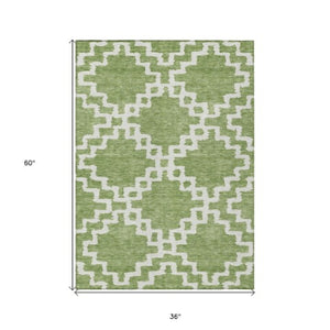 Homeroots 3' Artichoke Green And Ivory Geometric Washable Area Rug For Indoor And Outdoor Spaces, Durable Design 3' X 5' Polyester 593732