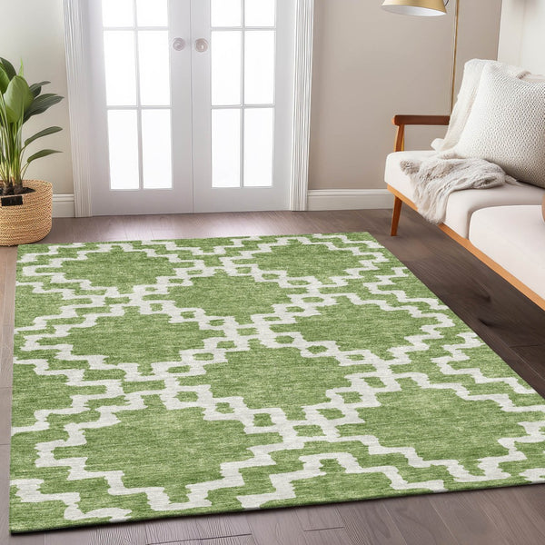 Homeroots 3' Artichoke Green And Ivory Geometric Washable Area Rug For Indoor And Outdoor Spaces, Durable Design 3' X 5' Polyester 593732