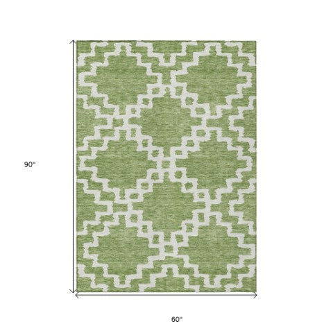 Homeroots 3' Artichoke Green And Ivory Geometric Washable Area Rug For Indoor And Outdoor Spaces, Durable Design 5' X 8' Polyester 593733
