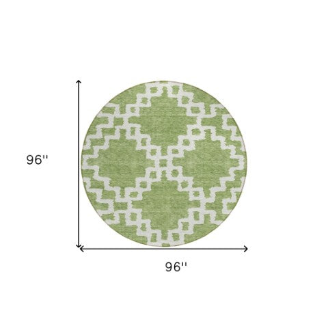 Homeroots 3' Artichoke Green And Ivory Geometric Washable Area Rug For Indoor And Outdoor Spaces, Durable Design 8' Round Polyester 593734