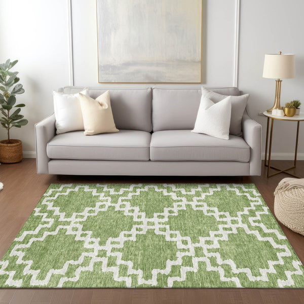 Homeroots 3' Artichoke Green And Ivory Geometric Washable Area Rug For Indoor And Outdoor Spaces, Durable Design 8' X 10' Polyester 593735