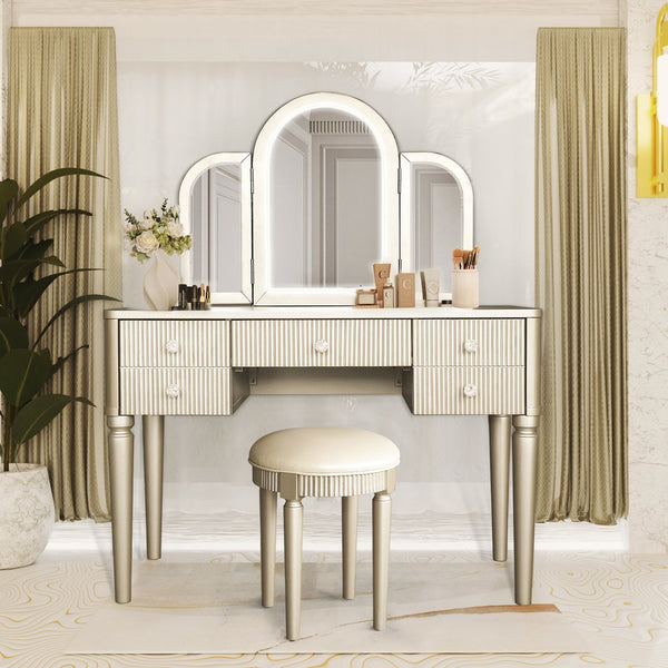 English Elm AGODY Mirrored Vanity with LED Light and Solid Rubber Wood Frame, Skin-Friendly PU Seat for Bedroom Champagne W2170P208424