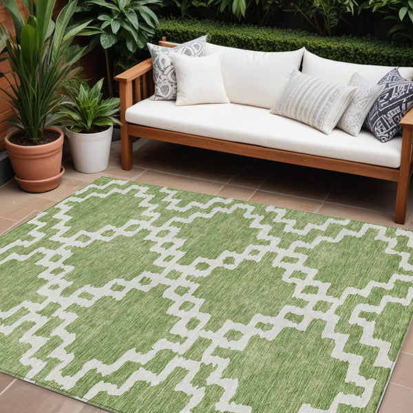 Homeroots 3' Artichoke Green And Ivory Geometric Washable Area Rug For Indoor And Outdoor Spaces, Durable Design 10' X 14' Polyester 593737
