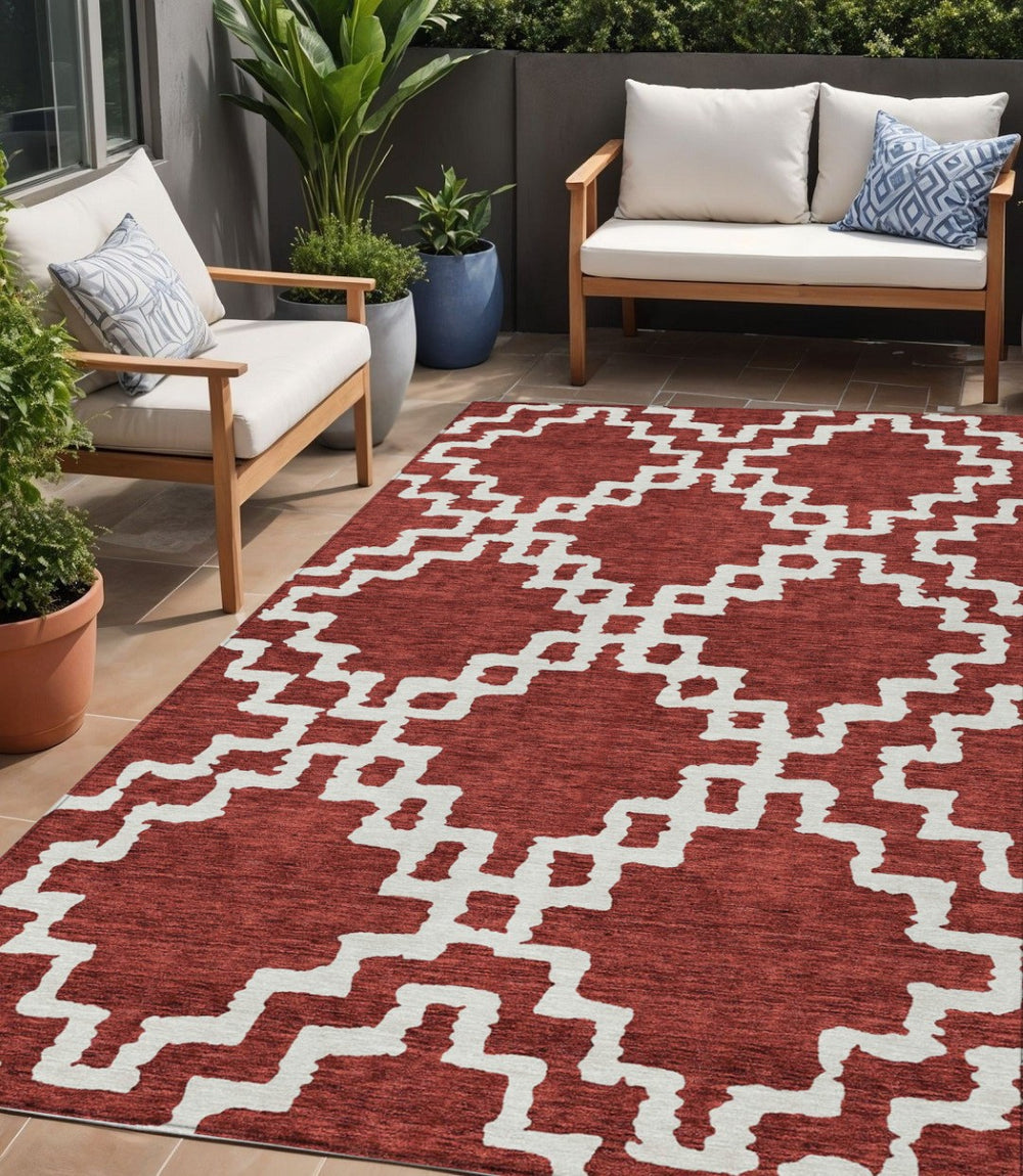HomeRoots 5' Stylish Brick Red and Ivory Geometric Area Rug - Durable, Washable, Indoor/Outdoor Versatile Accent 5' X 8' 593739