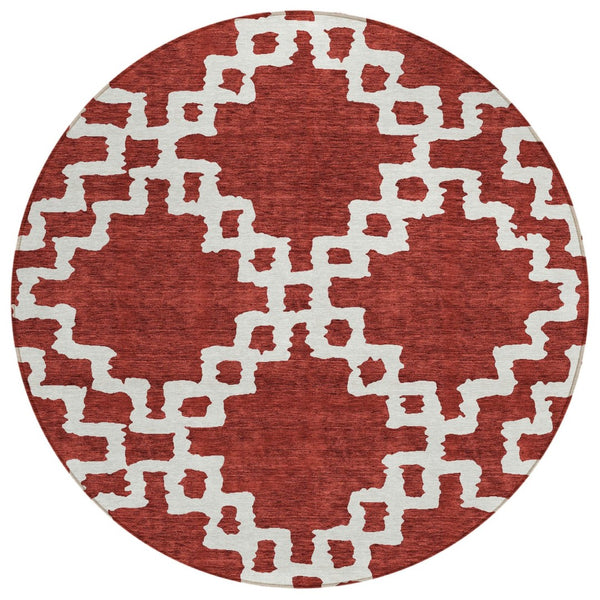 HomeRoots 5' Stylish Brick Red and Ivory Geometric Area Rug - Durable, Washable, Indoor/Outdoor Versatile Accent 8' Round 593740
