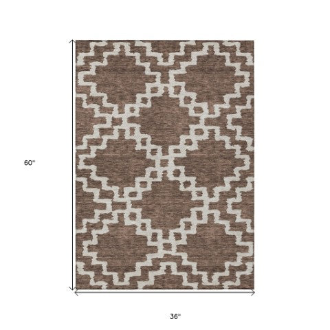 Homeroots 3' Artichoke Green And Ivory Geometric Washable Area Rug For Indoor And Outdoor Spaces, Durable Design 3' X 5' Polyester 593756