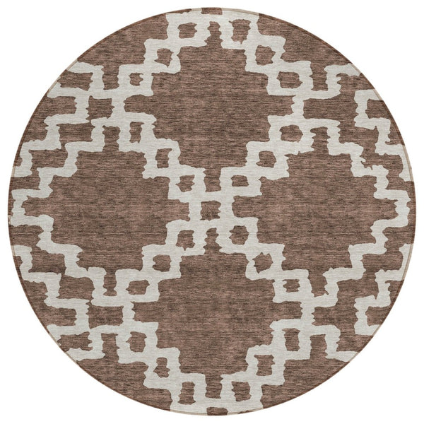 HomeRoots 5' Stylish Brown and Ivory Geometric Indoor Outdoor Area Rug - Washable, Stain-Resistant Design 8' Round 593758