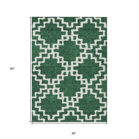 Homeroots 3' Artichoke Green And Ivory Geometric Washable Area Rug For Indoor And Outdoor Spaces, Durable Design 3' X 5' Polyester 593762