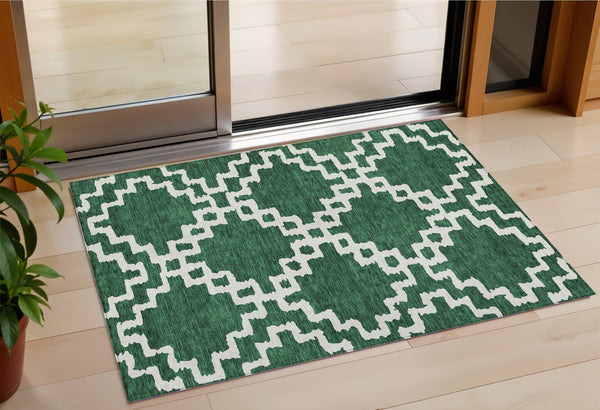 Homeroots 3' Artichoke Green And Ivory Geometric Washable Area Rug For Indoor And Outdoor Spaces, Durable Design 3' X 5' Polyester 593762