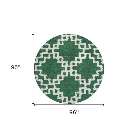 Homeroots 3' Artichoke Green And Ivory Geometric Washable Area Rug For Indoor And Outdoor Spaces, Durable Design 8' Round Polyester 593764