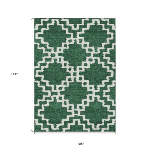 Homeroots 3' Artichoke Green And Ivory Geometric Washable Area Rug For Indoor And Outdoor Spaces, Durable Design 9' X 12' Polyester 593766
