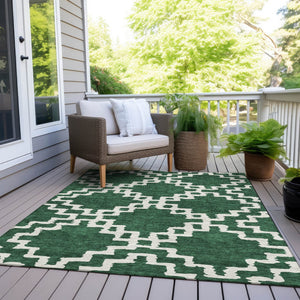 Homeroots 3' Artichoke Green And Ivory Geometric Washable Area Rug For Indoor And Outdoor Spaces, Durable Design 9' X 12' Polyester 593766