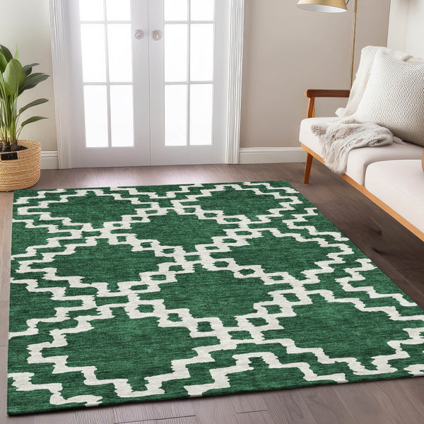 Homeroots 3' Artichoke Green And Ivory Geometric Washable Area Rug For Indoor And Outdoor Spaces, Durable Design 9' X 12' Polyester 593766
